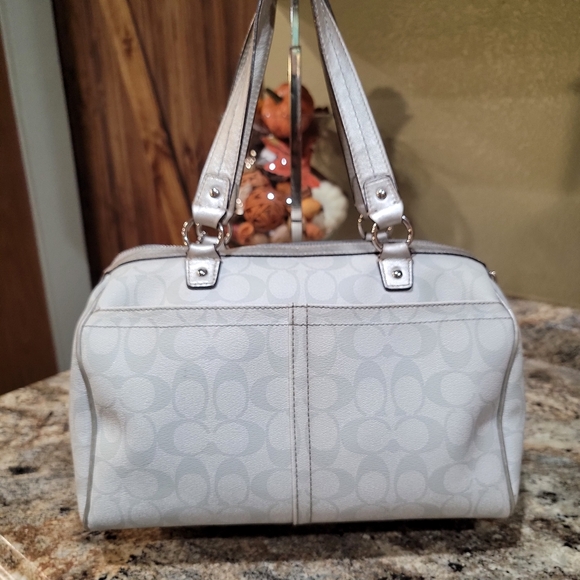 Coach EUC Signature Satchel Purse – Silver Gray Leather Trim, - Picture 6 of 14